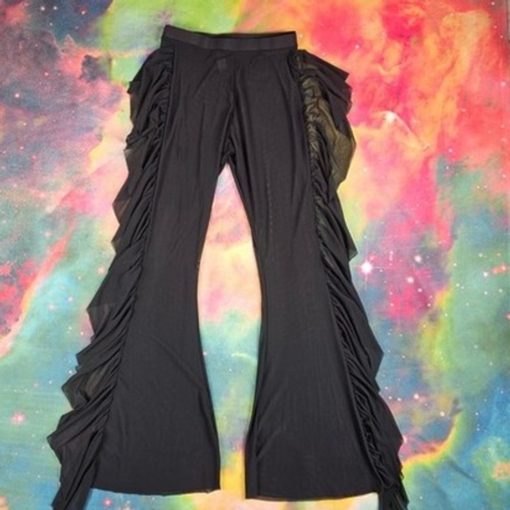 Mesh Ruffle Flare Pants Women S Black Excellent Sheer Festival Rave